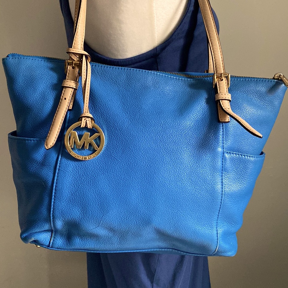 Michael Kors Cerulean Blue Leather Jet Set Full Size Shoulder Tote Bag Carryall - Picture 9 of 9